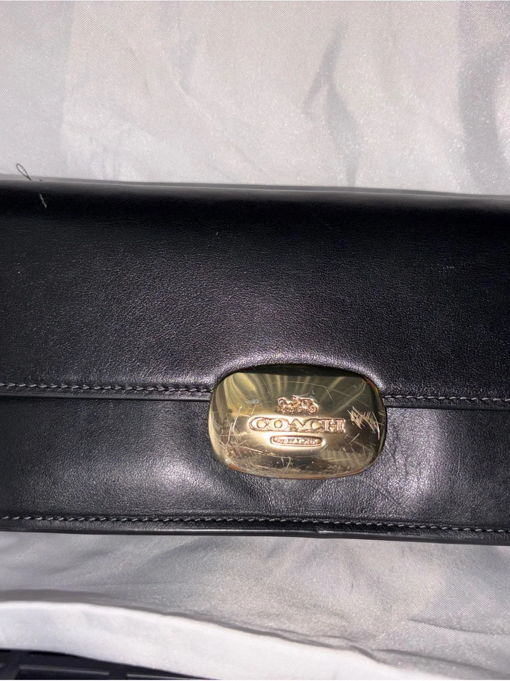 Coach Black Leather Crossbody with Gold Plaque